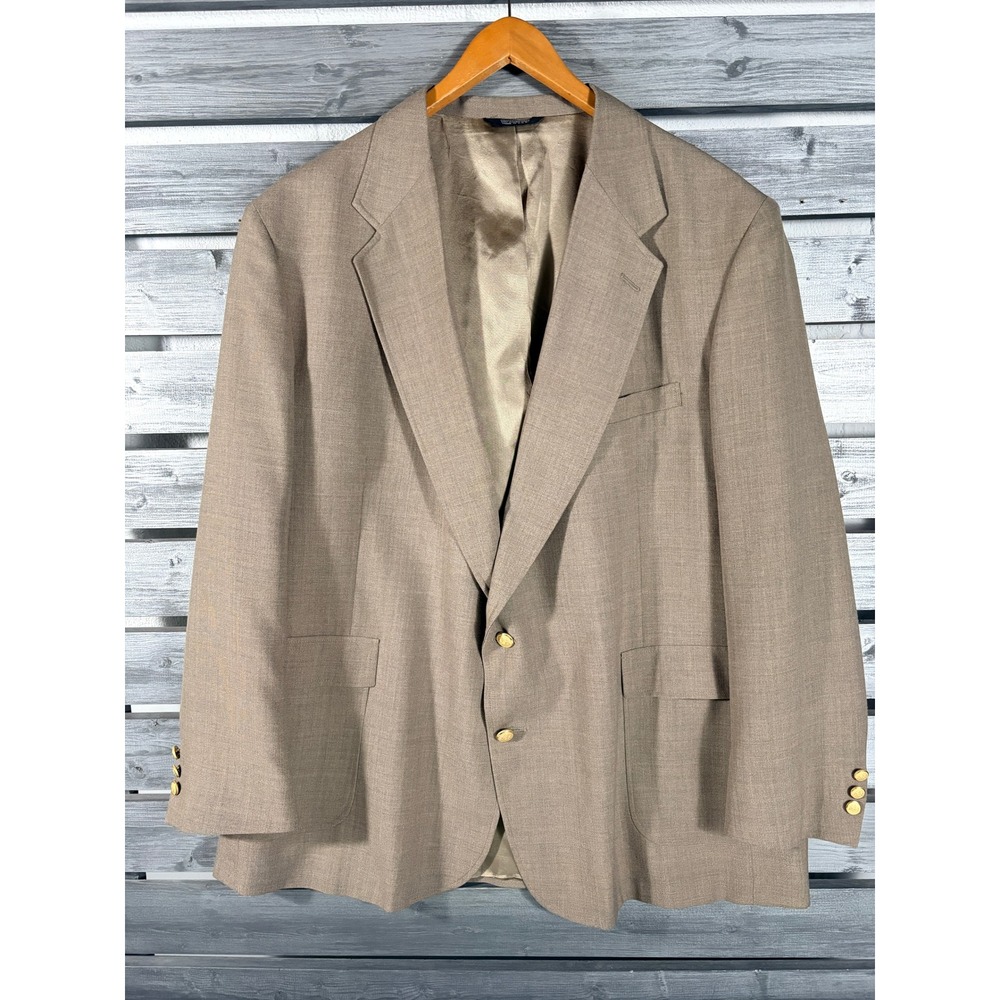 Vtg Stafford Men 50L Blazer Sport Coat Beige Worsted Wool Gold Crest Buttons USA